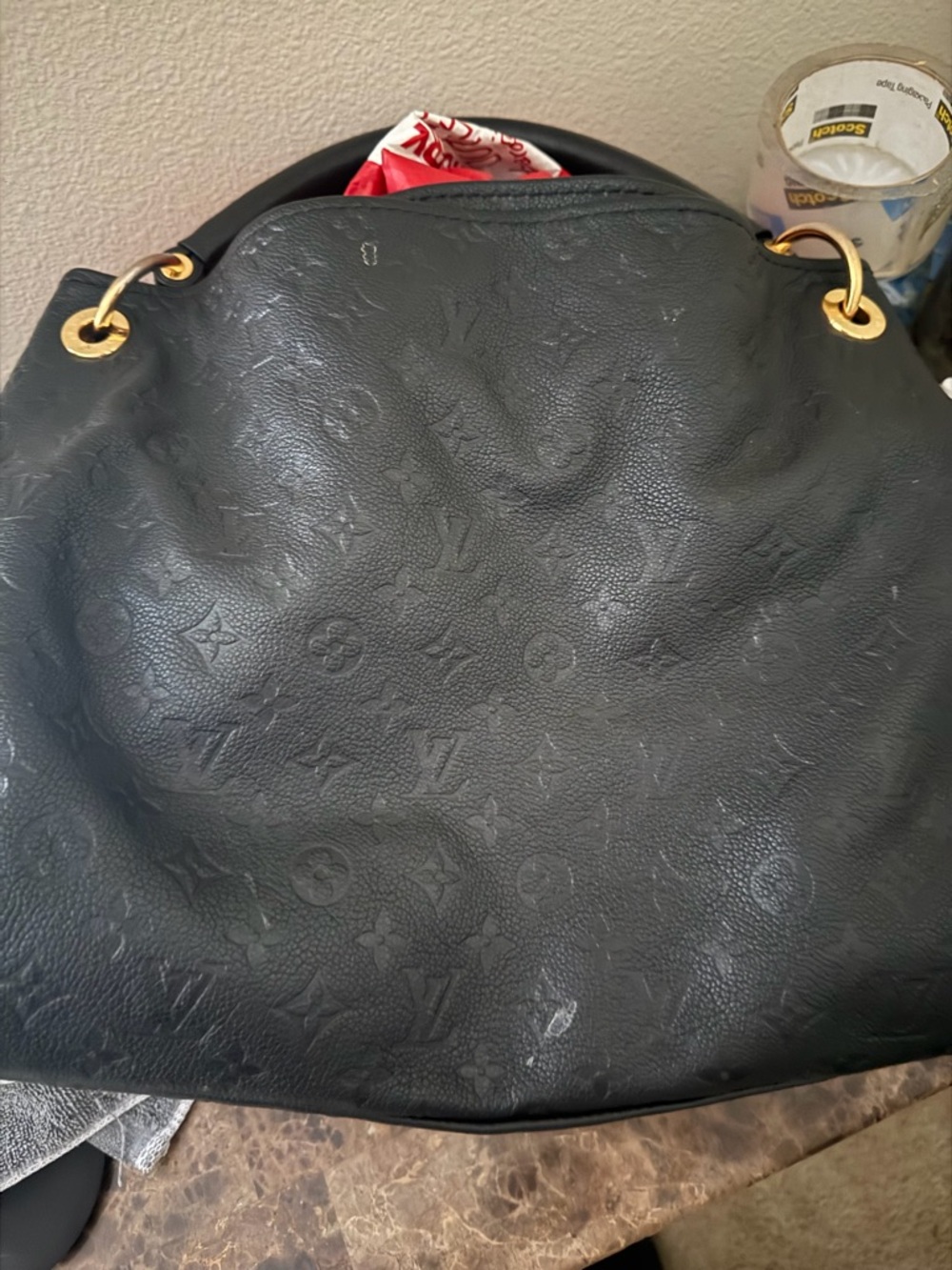 Louis Vuitton Black Embossed Monogram Shoulder Bag with Gold Rings